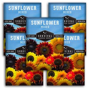 survival garden seeds – mix of popular sunflower seeds for planting – 5 packs with instructions to grow beautiful flowers in your home vegetable or flower garden – non-gmo heirloom varieties
