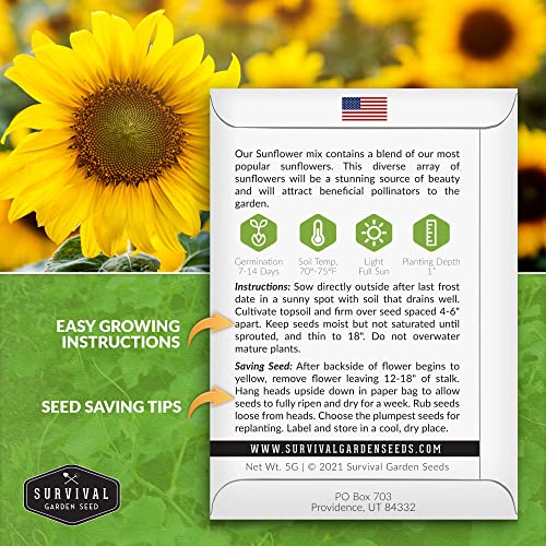 Survival Garden Seeds - Mix of Popular Sunflower Seeds for Planting - 5 Packs with Instructions to Grow Beautiful Flowers in Your Home Vegetable or Flower Garden - Non-GMO Heirloom Varieties