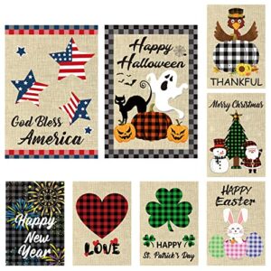 watinc 8pcs seasonal garden flags buffalo check plaid burlap double sided vertical happy easter god bless american halloween thanksgiving house flag outdoor lawn yard decorations 12.4 x 18.3 inch
