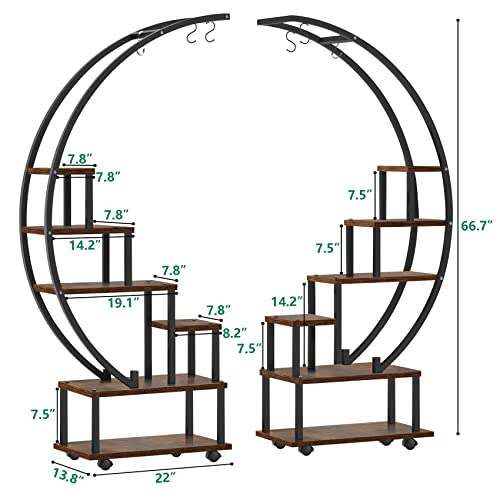 Seeutek 2 pcs 6 Tier Tall Metal Indoor Plant Stands with Hanging Loop,Half Moon Shaped Ladder Plant Shelf Holder,Multiple Plant Stand Flower Pot Rack for Home Decor Patio Lawn Garden Balcony.(Round-Brown with Wheels)