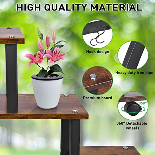 Seeutek 2 pcs 6 Tier Tall Metal Indoor Plant Stands with Hanging Loop,Half Moon Shaped Ladder Plant Shelf Holder,Multiple Plant Stand Flower Pot Rack for Home Decor Patio Lawn Garden Balcony.(Round-Brown with Wheels)