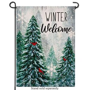 artofy winter welcome decorative garden flag pine trees, snowy forest red cardinal birds house yard lawn outdoor burlap flag, farmhouse outside decoration snowflakes home decor double sided 12 x 18