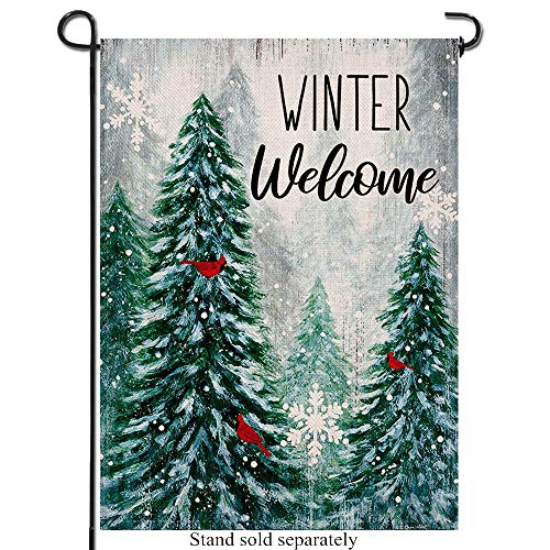 Artofy Winter Welcome Decorative Garden Flag Pine Trees, Snowy Forest Red Cardinal Birds House Yard Lawn Outdoor Burlap Flag, Farmhouse Outside Decoration Snowflakes Home Decor Double Sided 12 x 18