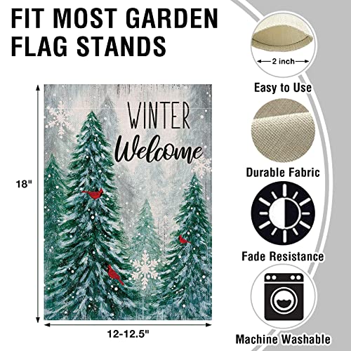 Artofy Winter Welcome Decorative Garden Flag Pine Trees, Snowy Forest Red Cardinal Birds House Yard Lawn Outdoor Burlap Flag, Farmhouse Outside Decoration Snowflakes Home Decor Double Sided 12 x 18