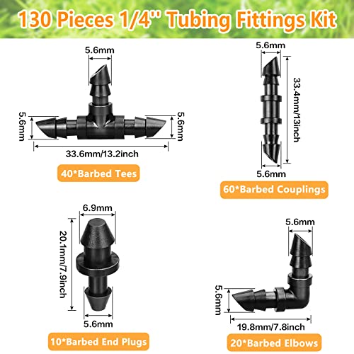 JOYPRO Drip Irrigation Fittings Kit for 1/4" Tubing, 130 Pieces Drip Line Connectors for Drip Systems - 60 Couplings, 40 Tees, 20 Elbows, 10 End Plugs - Drip Irrigation Parts for 1/4 Inch Drip Hose