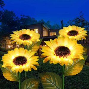 homeleo upgraded 4-flower solar sunflower lights for yard decor,waterproof outdoor garden decorative artificial flowers stake ornaments for lawn patio porch flowerbed thanksgiving cemetery decorations