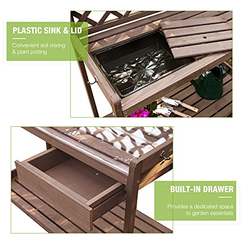 Outdoor Potting Bench, Wooden Garden Workstation Table w/Drawer, Open Shelf, Lower Storage- Extra PVC Layer