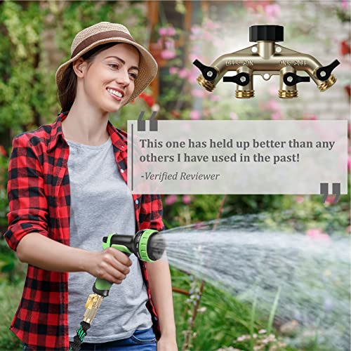 Heavy Duty 4 Way Hose Splitter (Premium Brass for Superior Durability), Wye Garden Hoses Connector for Water Spigot Faucet Bib Tap, Four Shut Off Valves, Y Adapter, Rust-Resistant Finish, Zero Leaks