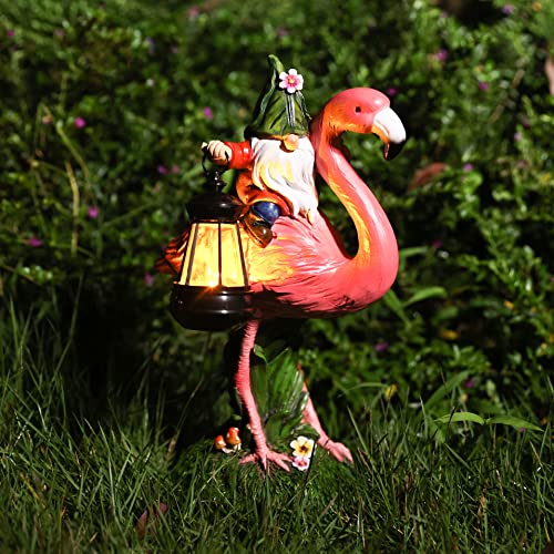 HIDNMSTAT Garden Funny Gnome Statues Collectible Figurines Flamingo Decorations Solar Lantern Outdoor Garden Home Decor for Patio Yard Lawn Porch Ornament Gnome Gifts (Flamingo)