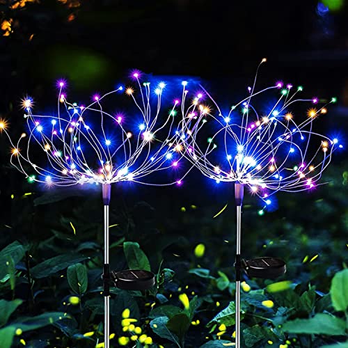 KHTO Solar Lights Outdoor Garden 120 LED Firework Lights with 8 Lighting Modes, IP65 Waterproof Solar Outdoor Lights Decorative for Walkway Patio Backyard Party (Multicolor,2)