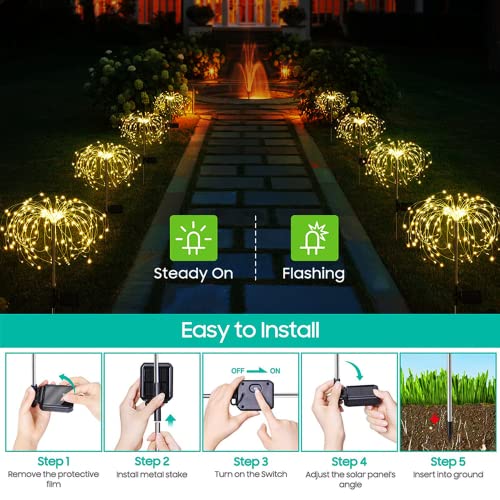 KHTO Solar Lights Outdoor Garden 120 LED Firework Lights with 8 Lighting Modes, IP65 Waterproof Solar Outdoor Lights Decorative for Walkway Patio Backyard Party (Multicolor,2)