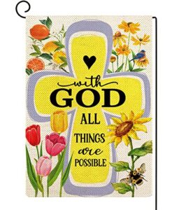 ortigia spring easter garden flag 12x18inch with god all things are possible burlap vertical double sided summer bee sunflowers yard flag easter tulips seasonal farmhouse outdoor flag