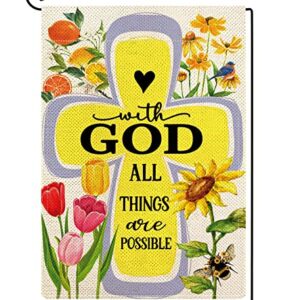 ORTIGIA Spring Easter Garden Flag 12x18Inch With God All Things are Possible Burlap Vertical Double Sided Summer Bee Sunflowers Yard Flag Easter Tulips Seasonal Farmhouse Outdoor Flag