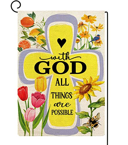 ORTIGIA Spring Easter Garden Flag 12x18Inch With God All Things are Possible Burlap Vertical Double Sided Summer Bee Sunflowers Yard Flag Easter Tulips Seasonal Farmhouse Outdoor Flag