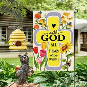 ORTIGIA Spring Easter Garden Flag 12x18Inch With God All Things are Possible Burlap Vertical Double Sided Summer Bee Sunflowers Yard Flag Easter Tulips Seasonal Farmhouse Outdoor Flag