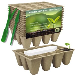 HEURYTEP 15 Packs Biodegradable Seed Starter Tray, 180 Cells Seed Starter Pots, Organic Peat Pots Kits, Seedling Starter Pots Garden Germination Trays with 20 Plant Labels, Middle Size