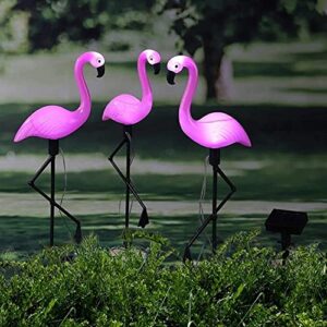 3 pack flamingos garden decor lights, ip55 waterproof outdoor solar stake lights, pink flamingo yard ornament christmas decoration , solar powered decorative lights for patio lawn pathway landscape