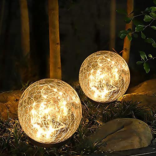 Yiliaw Solar Ball Lights Outdoor, 2 Pack 4.7'' Garden Solar Light, Waterproof Crack Glass Globe Ground Lights for Path, Yard, Patio, Lawm, Outdoor Decoration(Warm White)