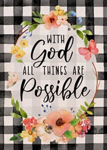 furiaz with god all things are possible easter religious small decorative garden flag, spring inspirational faith yard buffalo plaid check outside decoration, summer outdoor decor 12×18