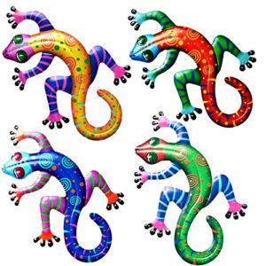 zyp 4 pcs metal gecko wall decor, 3d lizards inspirational wall art, colorful wall hanging sculpture decoration for garden, fence, lawn, farmhouse