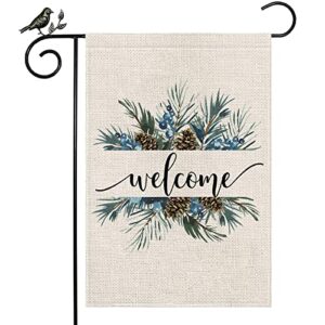dsben welcome winter garden flag 12×18 inch double sided, pine twigs rustic farmhouse decoration for seasonal christmas wedding yard outdoor