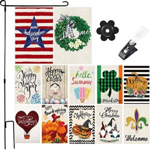 12 pieces seasonal garden flags double sided holiday house flag vertical decorative outdoor flags welcome party yard flags with flag stopper, flagpole and clips for holiday decoration, 12 x 18 inch