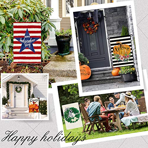 12 Pieces Seasonal Garden Flags Double Sided Holiday House Flag Vertical Decorative Outdoor Flags Welcome Party Yard Flags with Flag Stopper, Flagpole and Clips for Holiday Decoration, 12 x 18 Inch