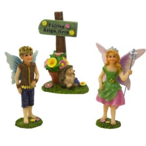 pretmanns fairies for fairy garden outdoor – fairies for garden with a fairy sign – small garden fairies for garden – 3 piece fairy garden kit – prince & princess fairy garden fairy figurines