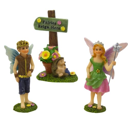 PRETMANNS Fairies for Fairy Garden Outdoor - Fairies for Garden with a Fairy Sign - Small Garden Fairies for Garden - 3 Piece Fairy Garden Kit - Prince & Princess Fairy Garden Fairy Figurines