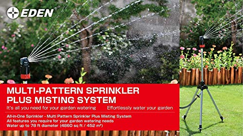 Eden 11530 Multi-Pattern Turbo Gear Drive Metal Tripod Sprinkler Plus Misting System w/Quick Connect Starter Kit, 360 Degree Coverage