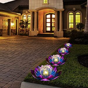 WNP Purple Solar Flower Light Outdoor Decorations,Solar Garden Lights Outdoor Decor,Waterproof Decorative Solar Powered Glass Ball Light with Metal Petal for Yard,Tabletop,Patio,Walkway