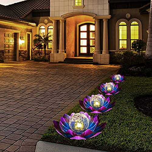 WNP Purple Solar Flower Light Outdoor Decorations,Solar Garden Lights Outdoor Decor,Waterproof Decorative Solar Powered Glass Ball Light with Metal Petal for Yard,Tabletop,Patio,Walkway