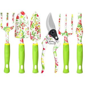 garden tool set, 6 pcs heavy duty aluminum gardening hand tools kit, floral print gardening tool set, gardening gifts for women with pruning shears weeder hand rake shovel transplanter cultivator