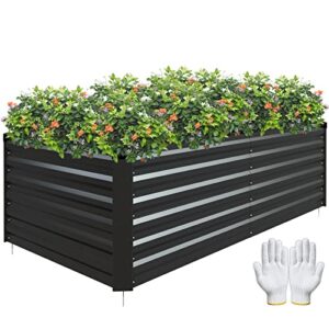 raised garden bed, galvanized raised garden beds outdoor for vegetables flowers herbs, steel large deep root planter box, tall raised garden bed kit with 1pc gloves and metal fix stake, black 6×3×2ft