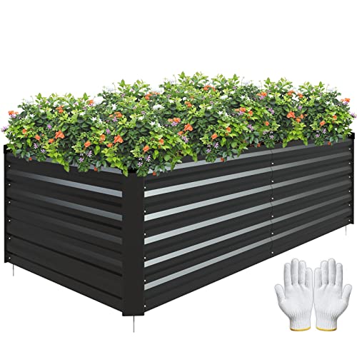 Raised Garden Bed, Galvanized Raised Garden Beds Outdoor for Vegetables Flowers Herbs, Steel Large Deep Root Planter Box, Tall Raised Garden Bed Kit with 1Pc Gloves and Metal Fix Stake, Black 6×3×2FT