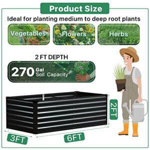 Raised Garden Bed, Galvanized Raised Garden Beds Outdoor for Vegetables Flowers Herbs, Steel Large Deep Root Planter Box, Tall Raised Garden Bed Kit with 1Pc Gloves and Metal Fix Stake, Black 6×3×2FT