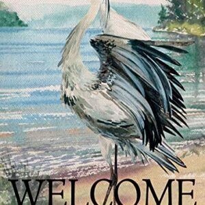 Furiaz Welcome Spring Summer Seabird Coastal Beach Small Decorative Garden Flag, Blue Heron Yard Bird Sea Lake Ocean Home Outside Decoration, Nautical Tropical Outdoor Decor Double Sided 12x18