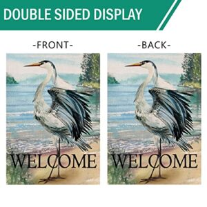 Furiaz Welcome Spring Summer Seabird Coastal Beach Small Decorative Garden Flag, Blue Heron Yard Bird Sea Lake Ocean Home Outside Decoration, Nautical Tropical Outdoor Decor Double Sided 12x18