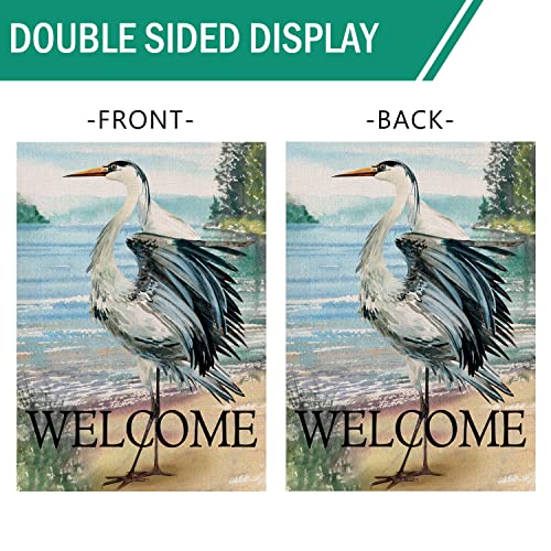 Furiaz Welcome Spring Summer Seabird Coastal Beach Small Decorative Garden Flag, Blue Heron Yard Bird Sea Lake Ocean Home Outside Decoration, Nautical Tropical Outdoor Decor Double Sided 12x18