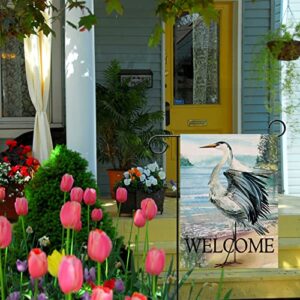 Furiaz Welcome Spring Summer Seabird Coastal Beach Small Decorative Garden Flag, Blue Heron Yard Bird Sea Lake Ocean Home Outside Decoration, Nautical Tropical Outdoor Decor Double Sided 12x18