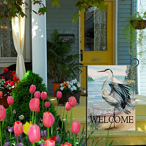 Furiaz Welcome Spring Summer Seabird Coastal Beach Small Decorative Garden Flag, Blue Heron Yard Bird Sea Lake Ocean Home Outside Decoration, Nautical Tropical Outdoor Decor Double Sided 12x18