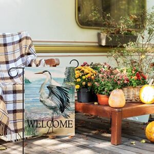 Furiaz Welcome Spring Summer Seabird Coastal Beach Small Decorative Garden Flag, Blue Heron Yard Bird Sea Lake Ocean Home Outside Decoration, Nautical Tropical Outdoor Decor Double Sided 12x18