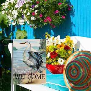 Furiaz Welcome Spring Summer Seabird Coastal Beach Small Decorative Garden Flag, Blue Heron Yard Bird Sea Lake Ocean Home Outside Decoration, Nautical Tropical Outdoor Decor Double Sided 12x18