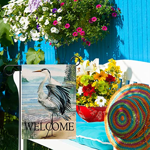 Furiaz Welcome Spring Summer Seabird Coastal Beach Small Decorative Garden Flag, Blue Heron Yard Bird Sea Lake Ocean Home Outside Decoration, Nautical Tropical Outdoor Decor Double Sided 12x18