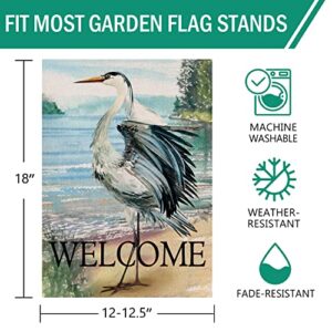 Furiaz Welcome Spring Summer Seabird Coastal Beach Small Decorative Garden Flag, Blue Heron Yard Bird Sea Lake Ocean Home Outside Decoration, Nautical Tropical Outdoor Decor Double Sided 12x18