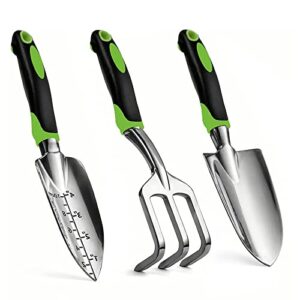 gardening hand tool set 3 pack – mdsxo heavy duty gardening kit with non-slip soft ergonomic handle, great garden gift for women men[stainless steel]