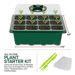 Seed Starter Kit (10 Pack) 12 Cell (120 Total) Seedling Plant Germination Tray for Gardening, Set with: Garden Dome Lids, Base Seed Trays for Soil, Planting Hand Tools, Dibber, Widger, & Plant Tags