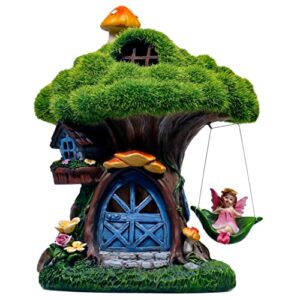 TERESA'S COLLECTIONS Fairy House Garden Statues with Solar Lights, Cute Resin Moss Outdoor Cottage Figurine with Swinging Fairy, Treehouse Lawn Ornaments Gifts for Flower Garden Patio Yard Decor, 7.7"