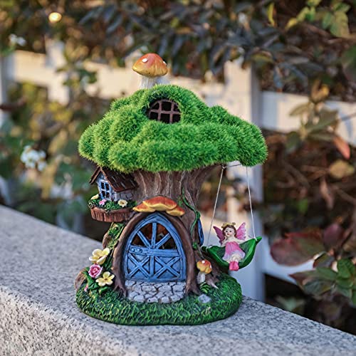 TERESA'S COLLECTIONS Fairy House Garden Statues with Solar Lights, Cute Resin Moss Outdoor Cottage Figurine with Swinging Fairy, Treehouse Lawn Ornaments Gifts for Flower Garden Patio Yard Decor, 7.7"