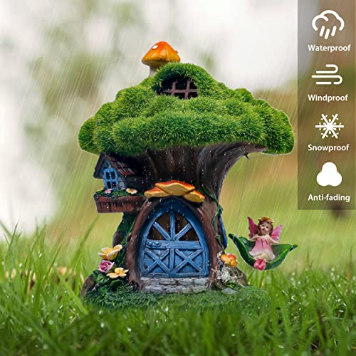 TERESA'S COLLECTIONS Fairy House Garden Statues with Solar Lights, Cute Resin Moss Outdoor Cottage Figurine with Swinging Fairy, Treehouse Lawn Ornaments Gifts for Flower Garden Patio Yard Decor, 7.7"